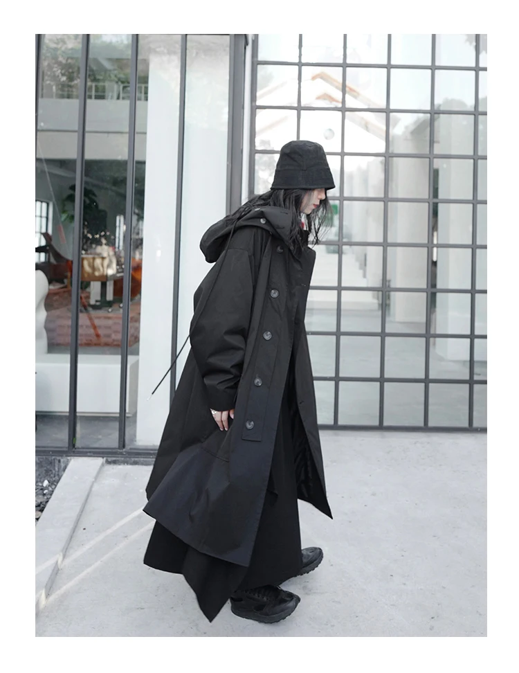 Lautaro Spring Autumn Long Oversized Black Trench Coat with Hood Dark Academia Aesthetic Luxury Designer Clothes for Women 2022
