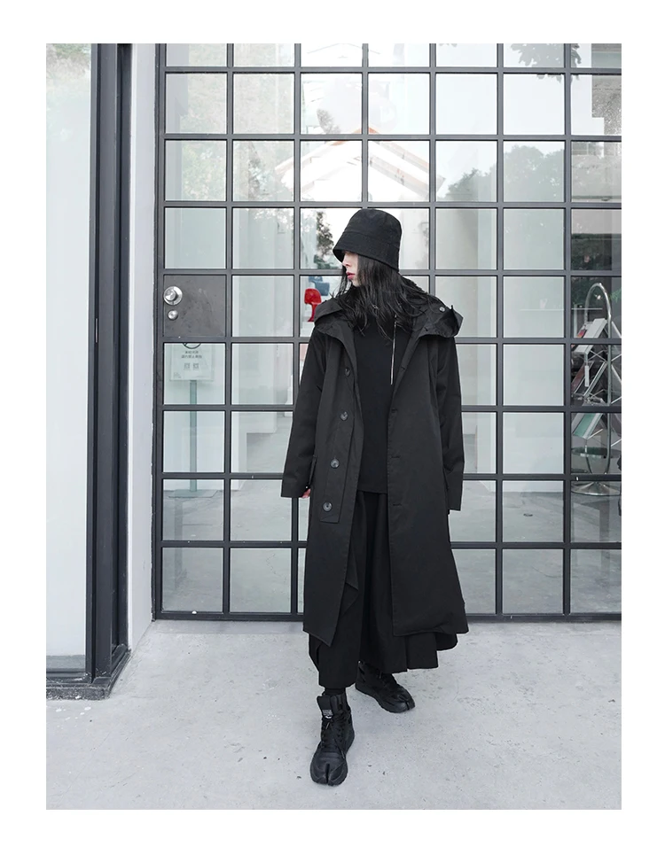 Lautaro Spring Autumn Long Oversized Black Trench Coat with Hood Dark Academia Aesthetic Luxury Designer Clothes for Women 2022