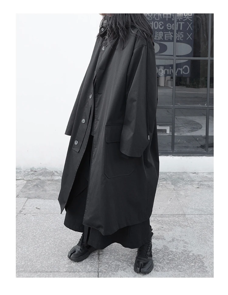 Lautaro Spring Autumn Long Oversized Black Trench Coat with Hood Dark Academia Aesthetic Luxury Designer Clothes for Women 2022