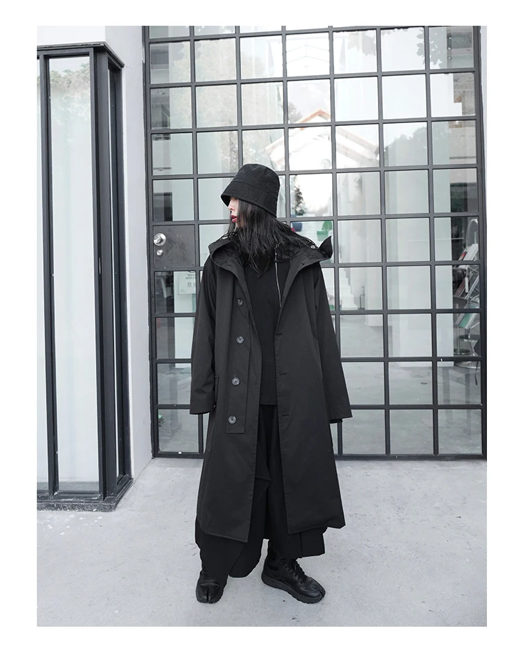 Lautaro Spring Autumn Long Oversized Black Trench Coat with Hood Dark Academia Aesthetic Luxury Designer Clothes for Women 2022