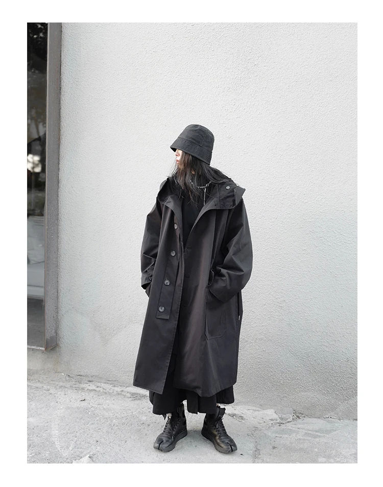 Lautaro Spring Autumn Long Oversized Black Trench Coat with Hood Dark Academia Aesthetic Luxury Designer Clothes for Women 2022