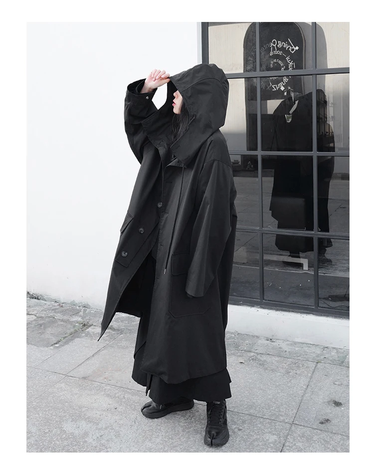 Lautaro Spring Autumn Long Oversized Black Trench Coat with Hood Dark Academia Aesthetic Luxury Designer Clothes for Women 2022
