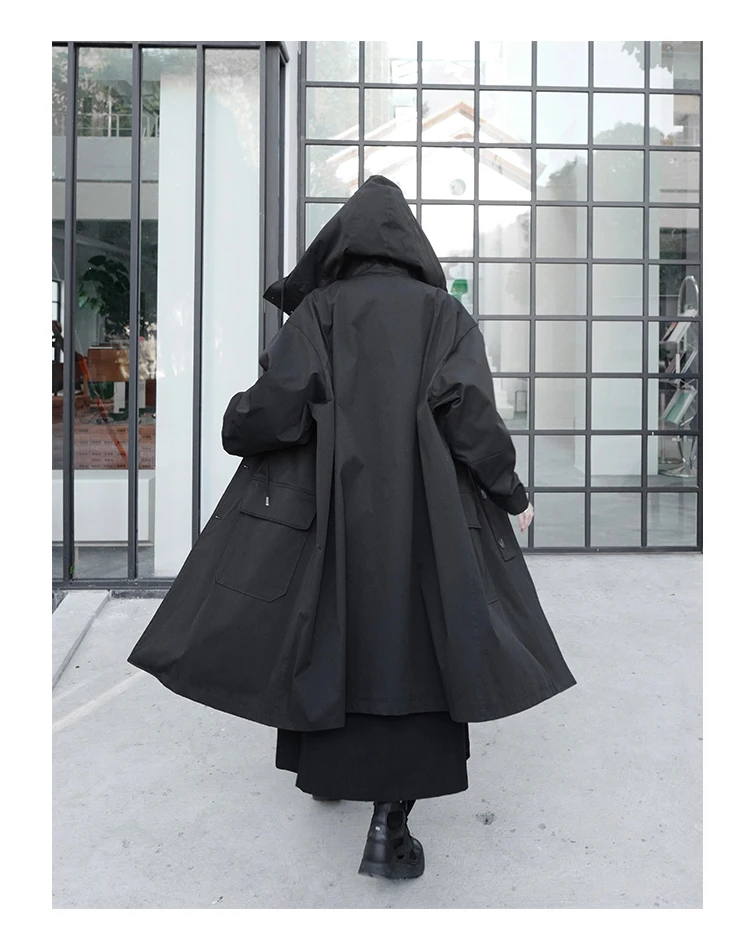 Lautaro Spring Autumn Long Oversized Black Trench Coat with Hood Dark Academia Aesthetic Luxury Designer Clothes for Women 2022