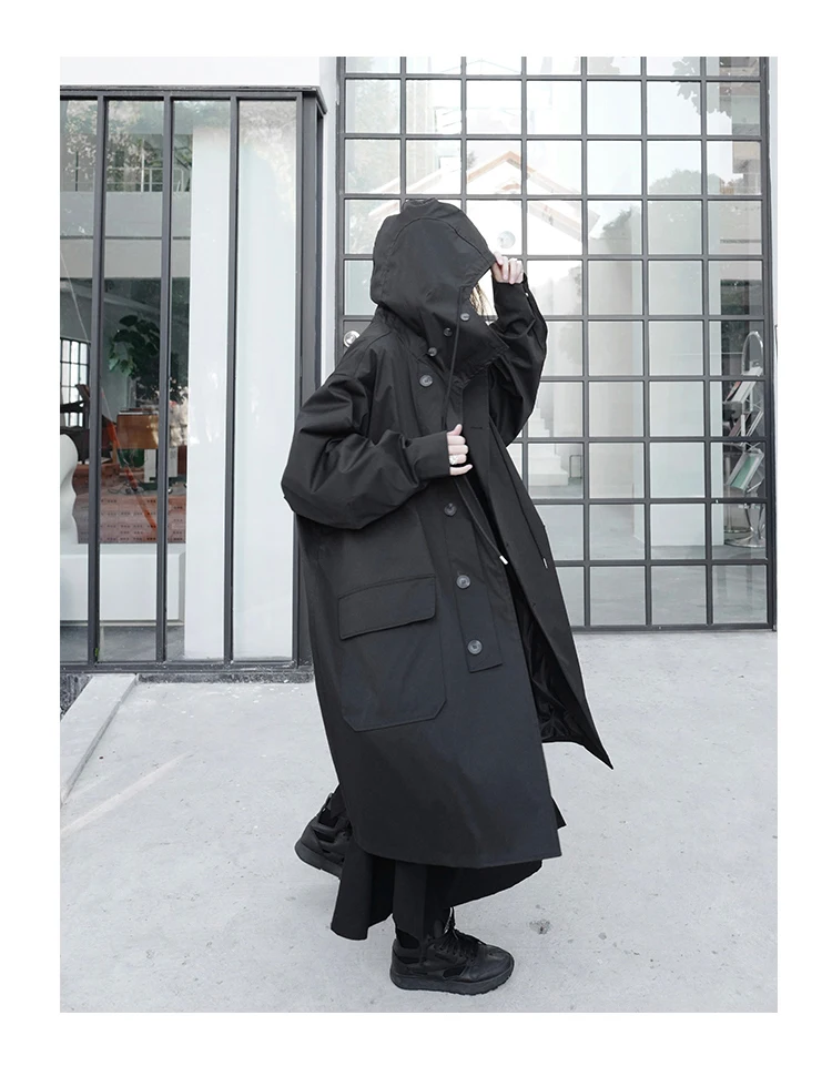 Lautaro Spring Autumn Long Oversized Black Trench Coat with Hood Dark Academia Aesthetic Luxury Designer Clothes for Women 2022