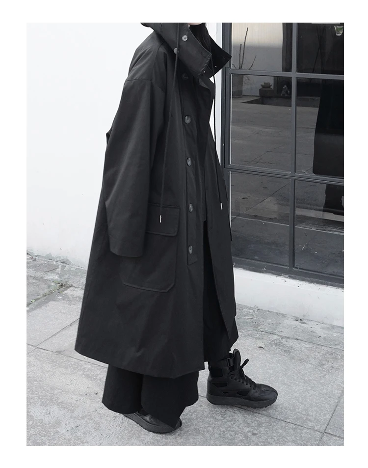 Lautaro Spring Autumn Long Oversized Black Trench Coat with Hood Dark Academia Aesthetic Luxury Designer Clothes for Women 2022