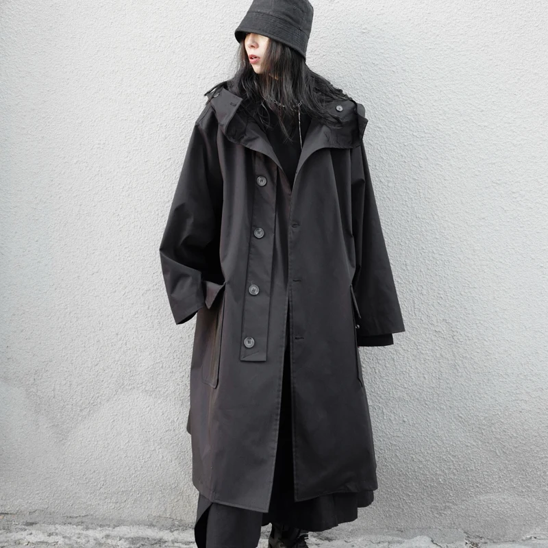 Lautaro Spring Autumn Long Oversized Black Trench Coat with Hood Dark Academia Aesthetic Luxury Designer Clothes for Women 2022