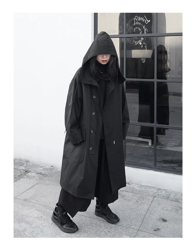 Lautaro Spring Autumn Long Oversized Black Trench Coat with Hood Dark Academia Aesthetic Luxury Designer Clothes for Women 2022