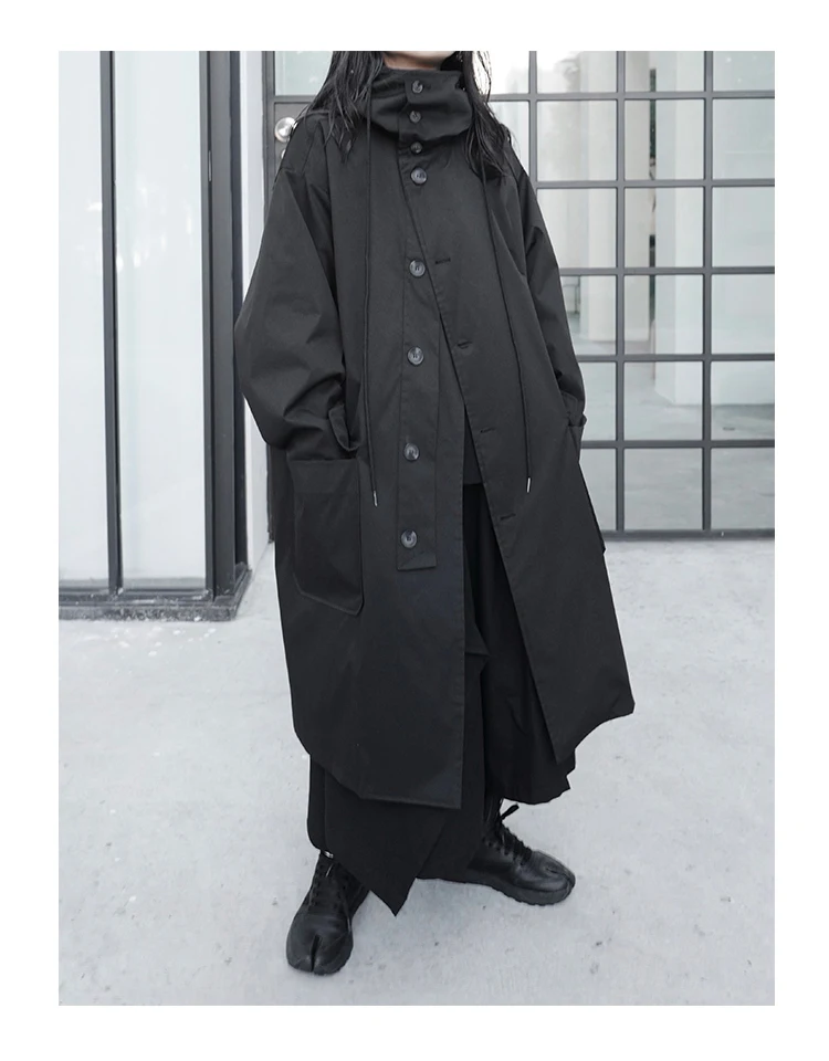 Lautaro Spring Autumn Long Oversized Black Trench Coat with Hood Dark Academia Aesthetic Luxury Designer Clothes for Women 2022