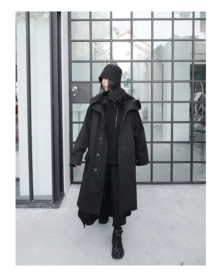 Lautaro Spring Autumn Long Oversized Black Trench Coat with Hood Dark Academia Aesthetic Luxury Designer Clothes for Women 2022