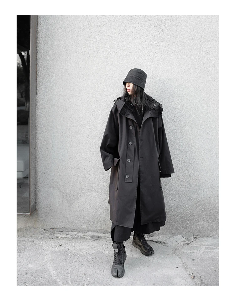 Lautaro Spring Autumn Long Oversized Black Trench Coat with Hood Dark Academia Aesthetic Luxury Designer Clothes for Women 2022