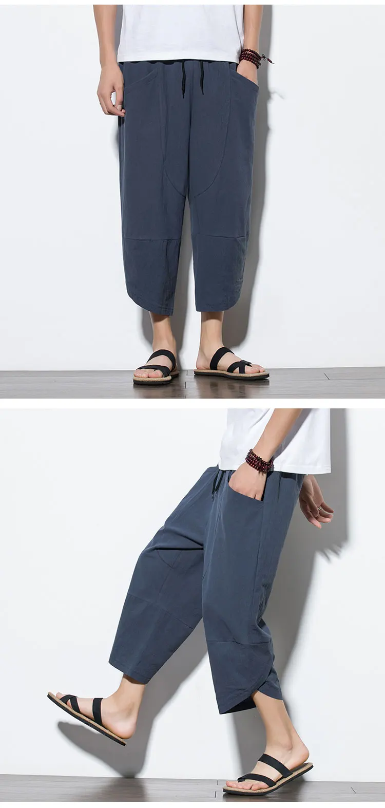 2026 Summer Men's Pants Chinese Style Cotton Linen Harem Pants Men Breathable Beach Pants Casual Calf-Lenght Trousers Streetwear
