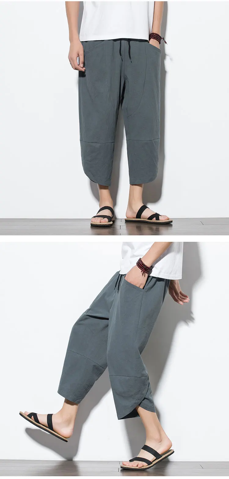 2026 Summer Men's Pants Chinese Style Cotton Linen Harem Pants Men Breathable Beach Pants Casual Calf-Lenght Trousers Streetwear