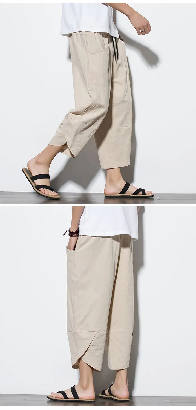 2026 Summer Men's Pants Chinese Style Cotton Linen Harem Pants Men Breathable Beach Pants Casual Calf-Lenght Trousers Streetwear