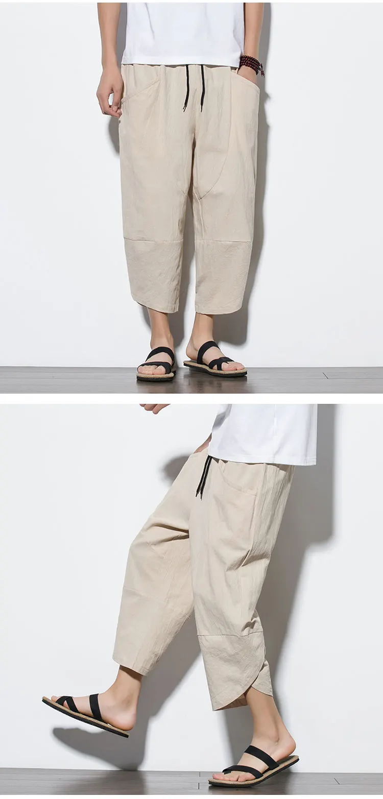2026 Summer Men's Pants Chinese Style Cotton Linen Harem Pants Men Breathable Beach Pants Casual Calf-Lenght Trousers Streetwear