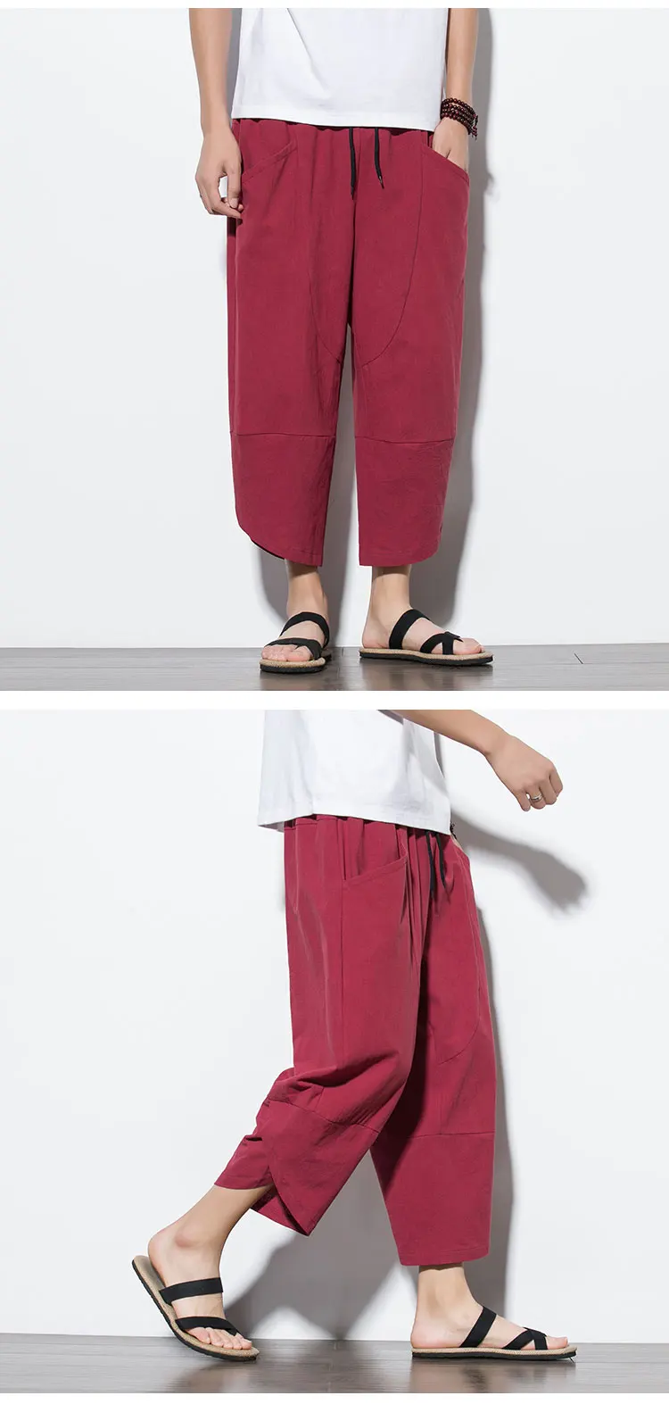 2026 Summer Men's Pants Chinese Style Cotton Linen Harem Pants Men Breathable Beach Pants Casual Calf-Lenght Trousers Streetwear