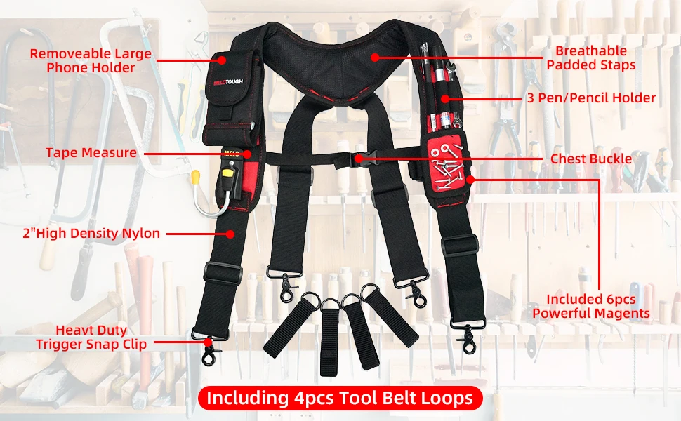 MELOTOUGH Magnetic Suspenders Tool Belt Suspenders with Large Moveable Phone Holder