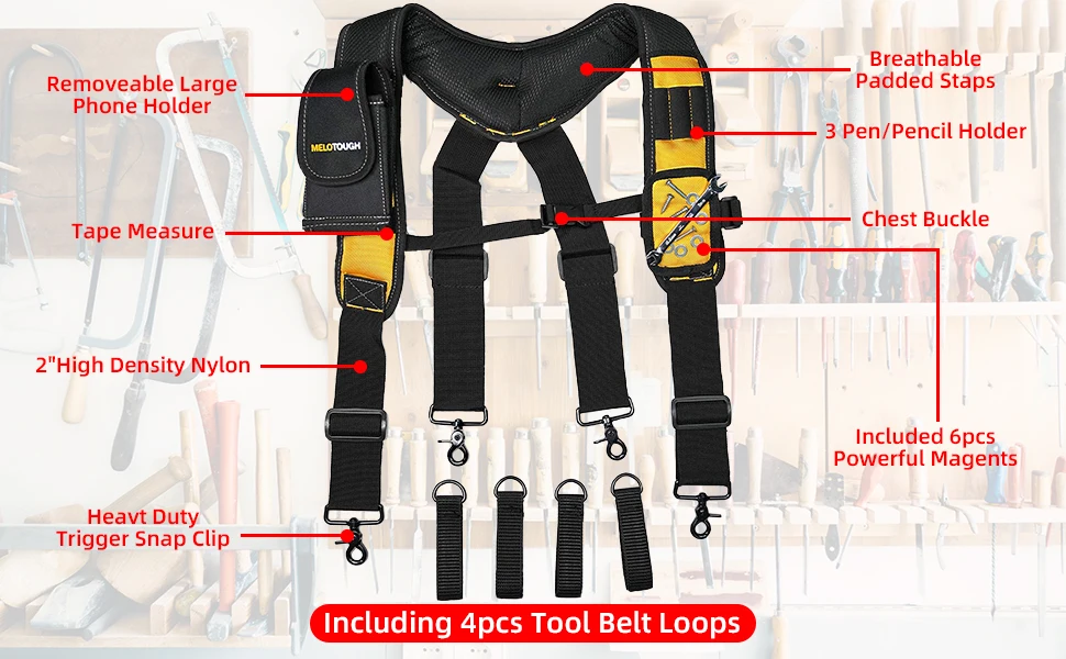 MELOTOUGH Magnetic Suspenders Tool Belt Suspenders with Large Moveable Phone Holder