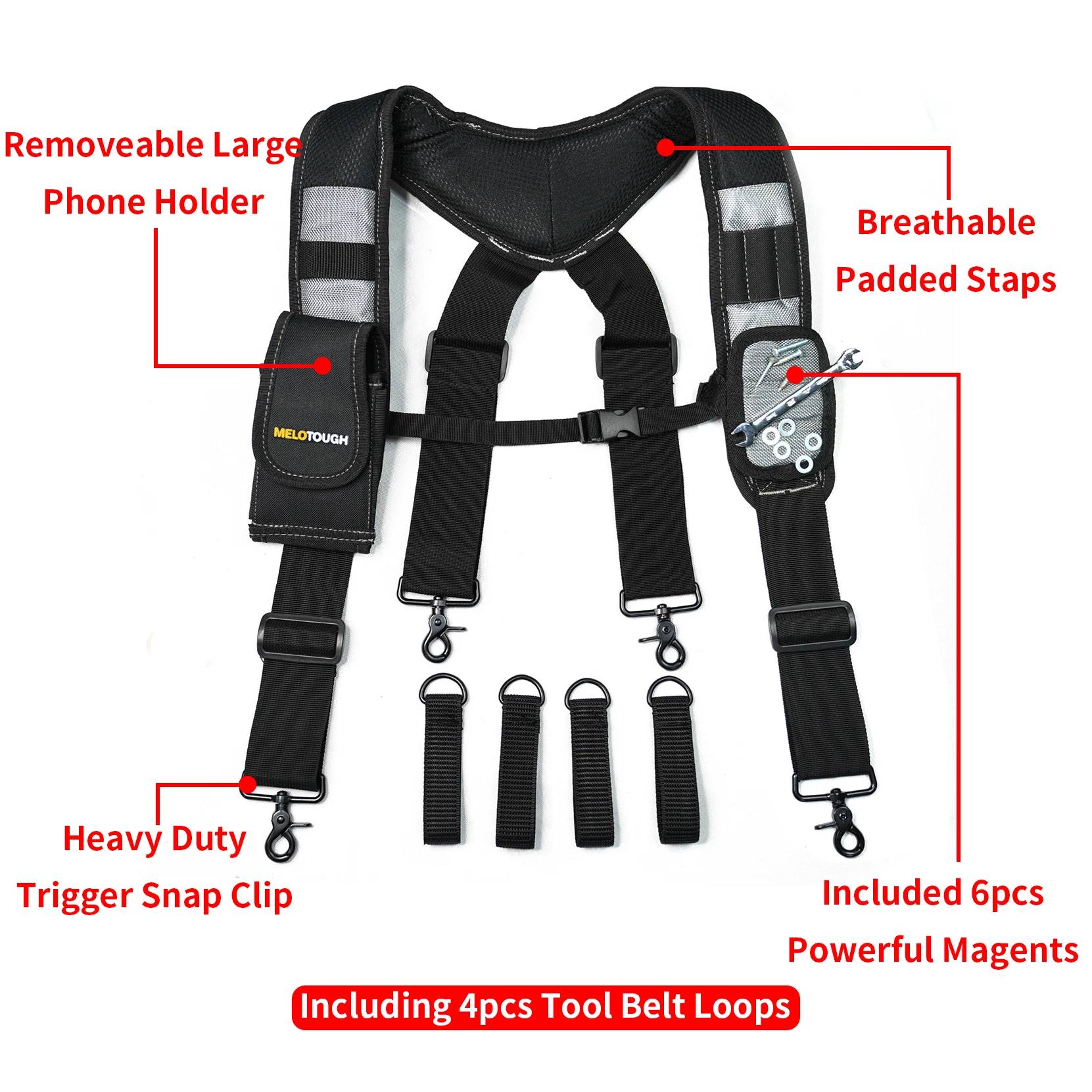 MELOTOUGH Magnetic Suspenders Tool Belt Suspenders with Large Moveable Phone Holder