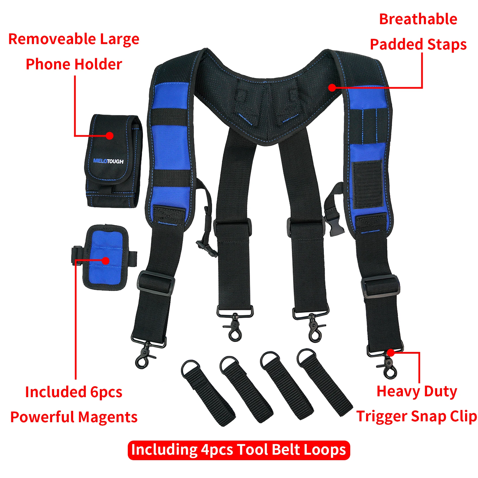MELOTOUGH Magnetic Suspenders Tool Belt Suspenders with Large Moveable Phone Holder