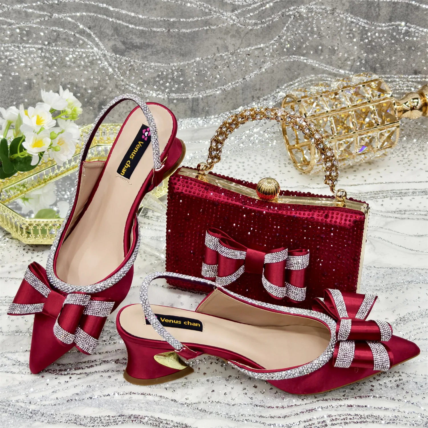 Venus Chan Italy Design 2025 New INS Shoes and Bag to Match Wine Colour Pointed-Toe Rhinestone Bow Party Women's High Heels