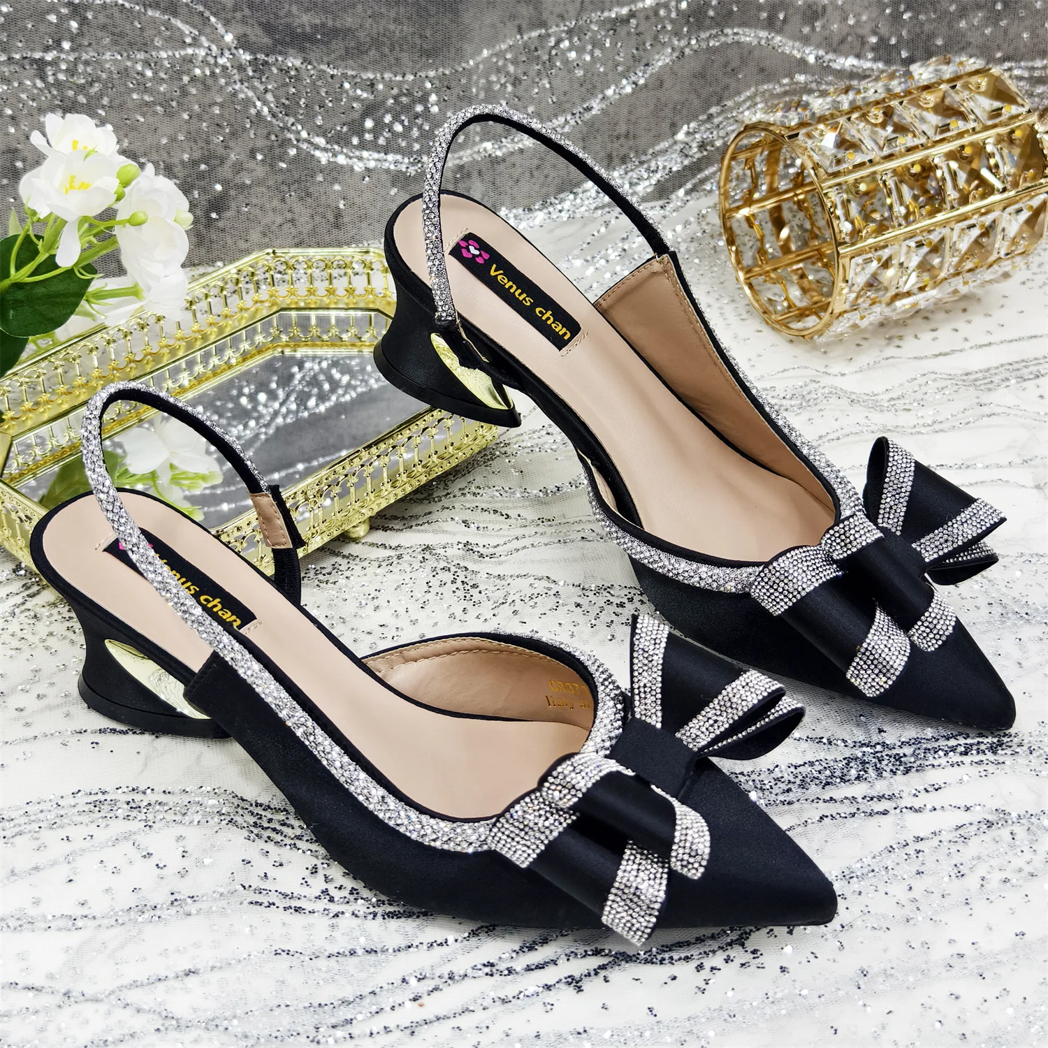 Venus Chan Italy Design 2025 New INS Shoes and Bag to Match Wine Colour Pointed-Toe Rhinestone Bow Party Women's High Heels