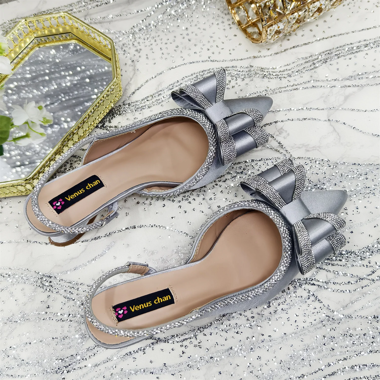 Venus Chan Italy Design 2025 New INS Shoes and Bag to Match Wine Colour Pointed-Toe Rhinestone Bow Party Women's High Heels