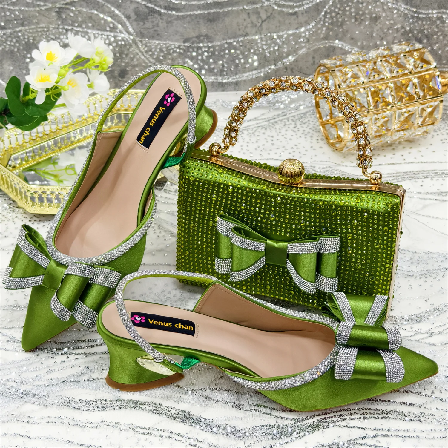 Venus Chan Italy Design 2025 New INS Shoes and Bag to Match Wine Colour Pointed-Toe Rhinestone Bow Party Women's High Heels