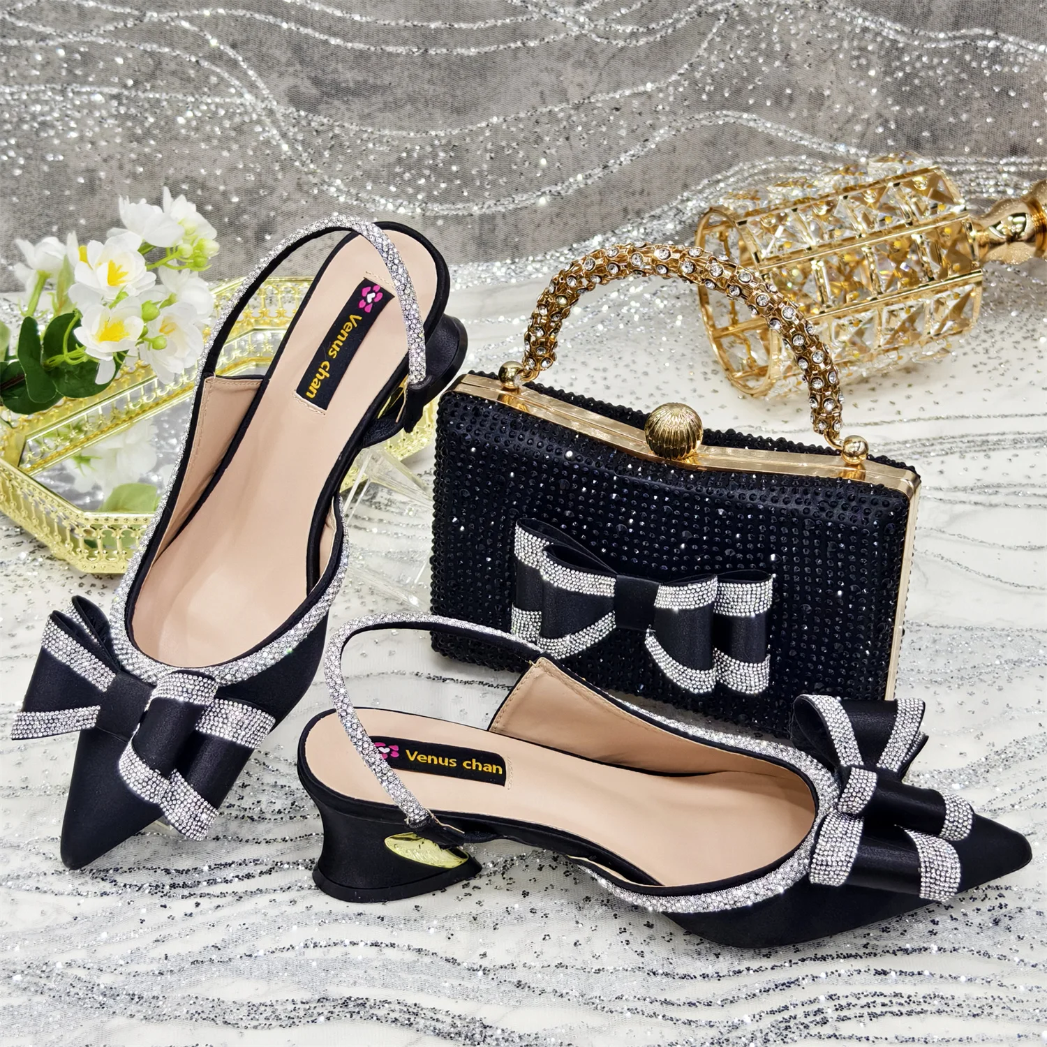 Venus Chan Italy Design 2025 New INS Shoes and Bag to Match Wine Colour Pointed-Toe Rhinestone Bow Party Women's High Heels