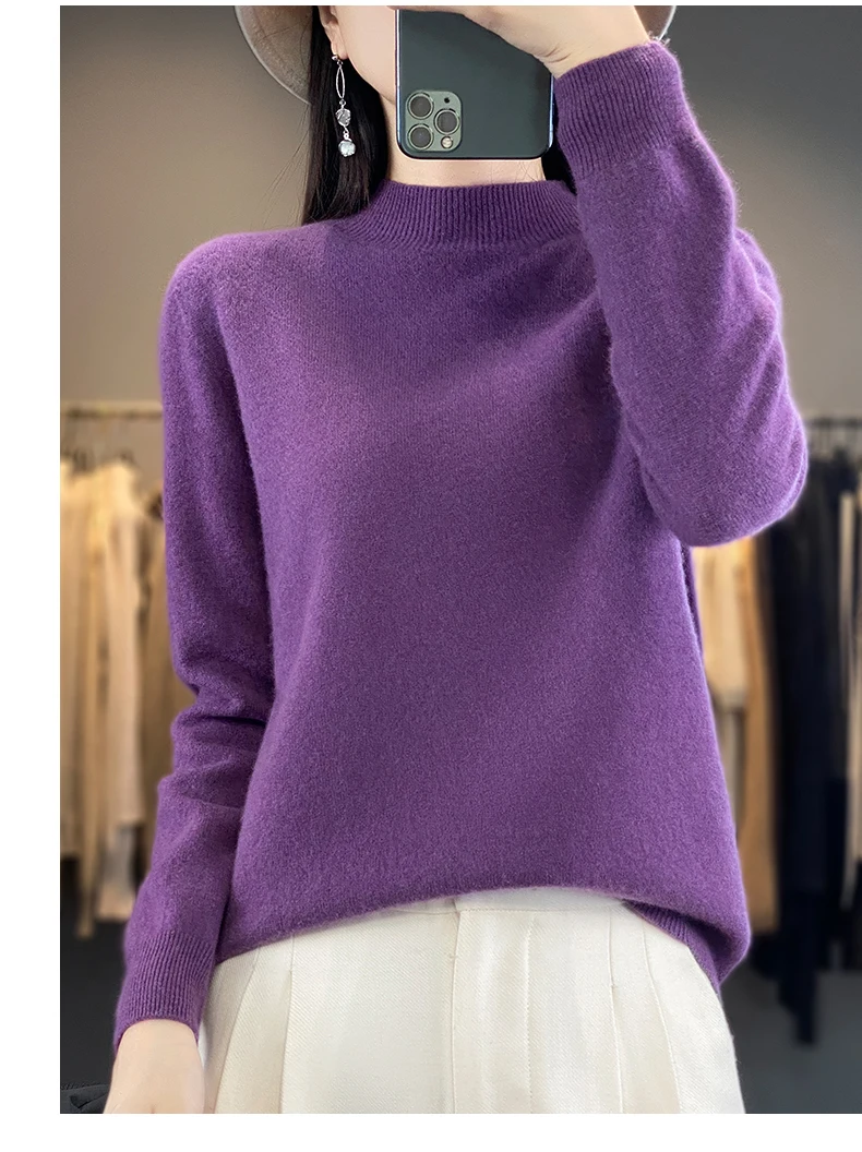 Autumn Winter 100% Merino Wool Sweater Women First Line Seamless Half-high Collar Pullover Basis Casual Cashmere Knit Solid Tops