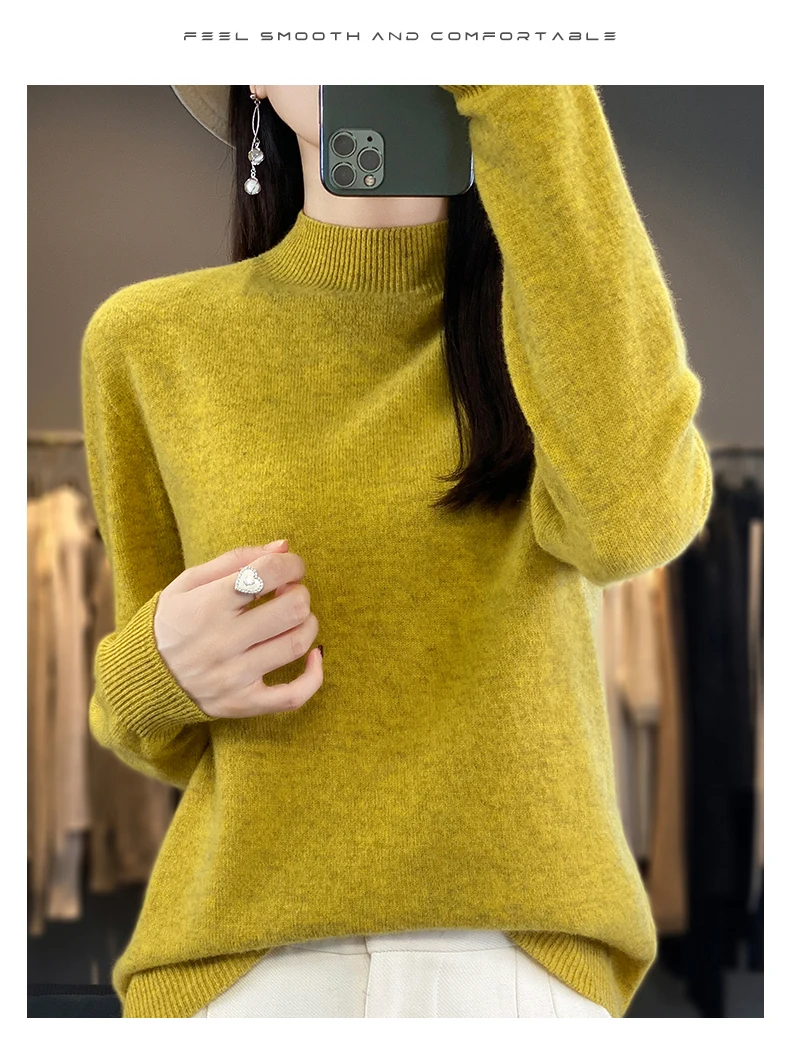 Autumn Winter 100% Merino Wool Sweater Women First Line Seamless Half-high Collar Pullover Basis Casual Cashmere Knit Solid Tops