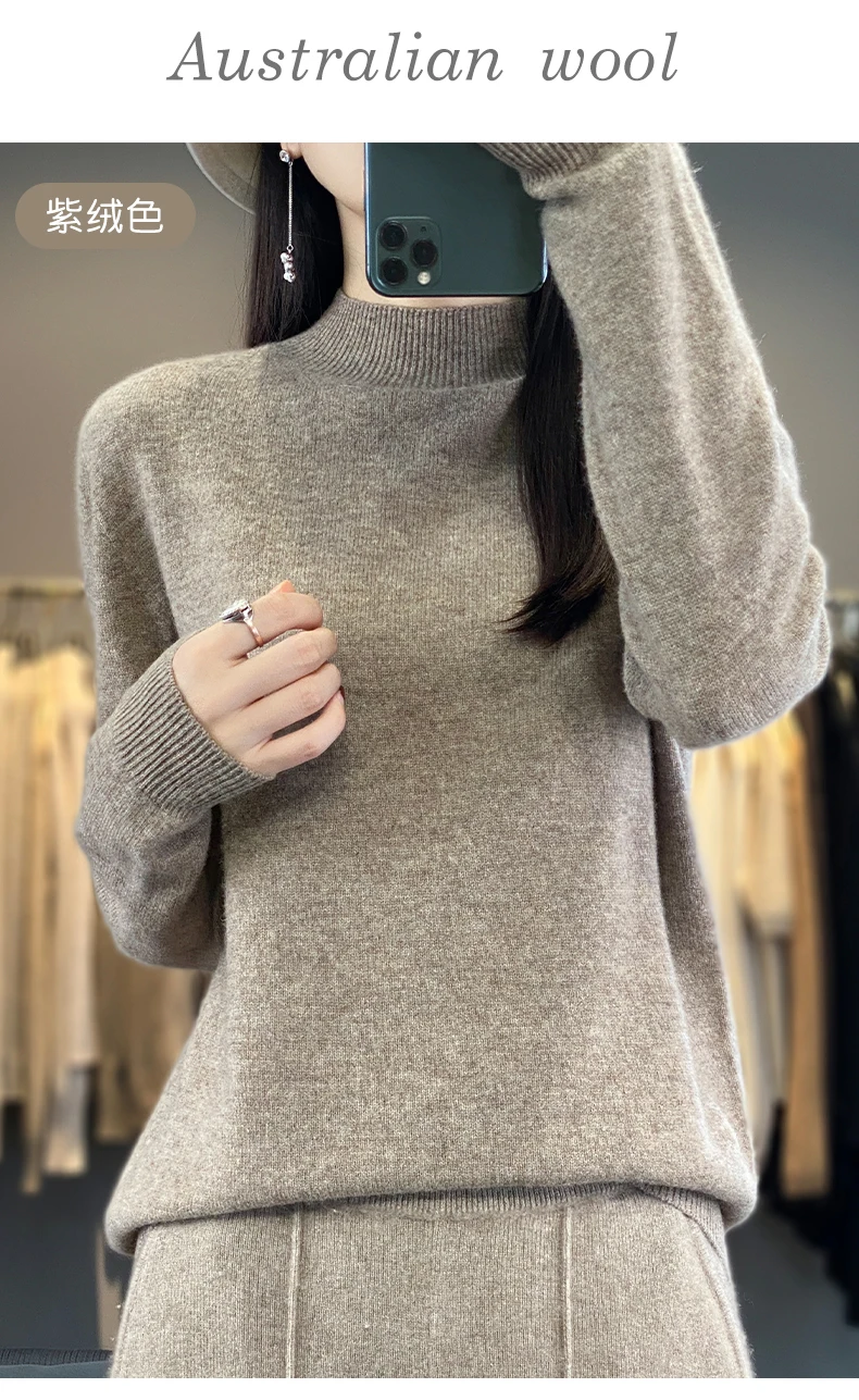 Autumn Winter 100% Merino Wool Sweater Women First Line Seamless Half-high Collar Pullover Basis Casual Cashmere Knit Solid Tops