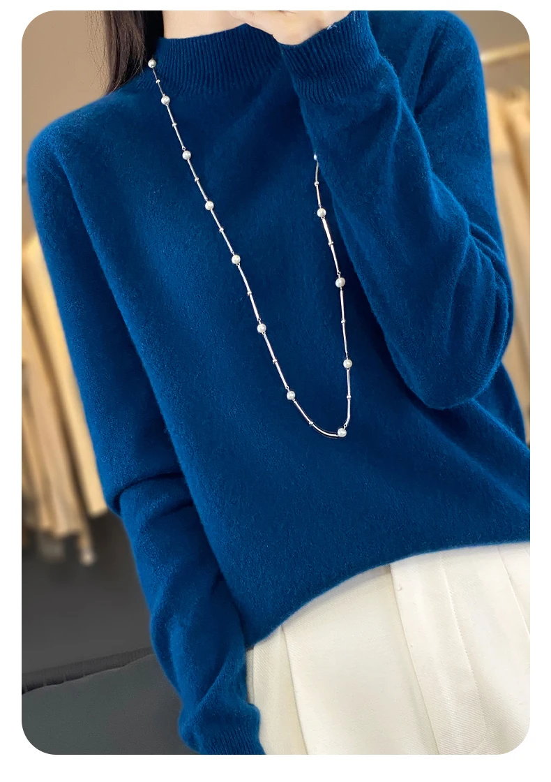 Autumn Winter 100% Merino Wool Sweater Women First Line Seamless Half-high Collar Pullover Basis Casual Cashmere Knit Solid Tops