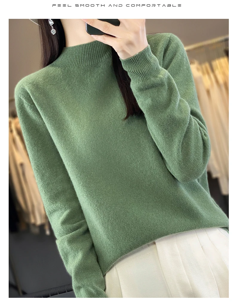 Autumn Winter 100% Merino Wool Sweater Women First Line Seamless Half-high Collar Pullover Basis Casual Cashmere Knit Solid Tops