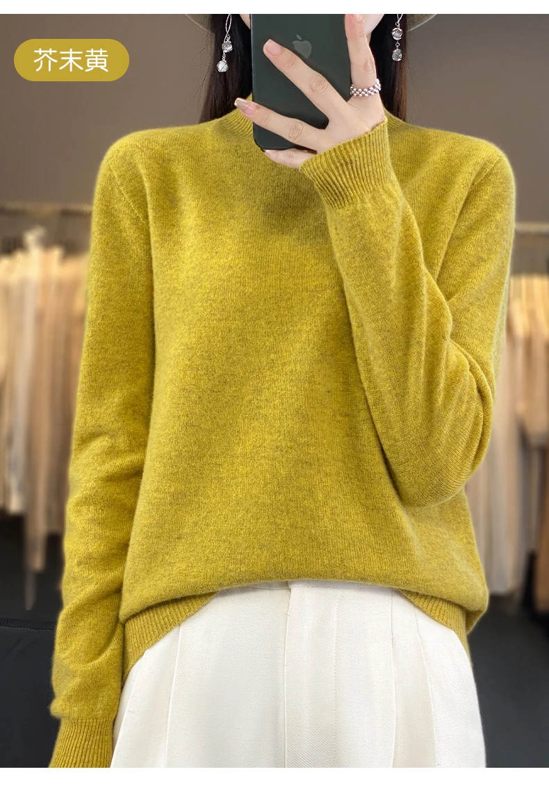 Autumn Winter 100% Merino Wool Sweater Women First Line Seamless Half-high Collar Pullover Basis Casual Cashmere Knit Solid Tops