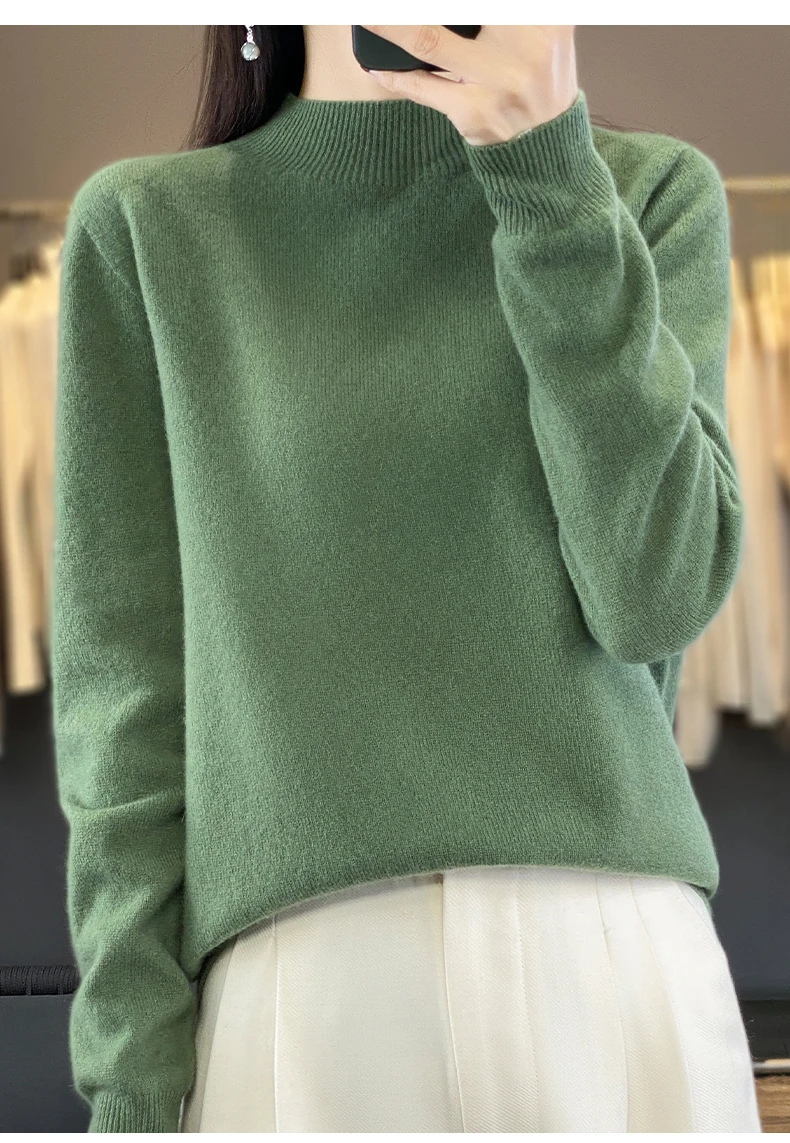 Autumn Winter 100% Merino Wool Sweater Women First Line Seamless Half-high Collar Pullover Basis Casual Cashmere Knit Solid Tops