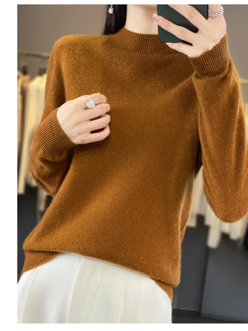 Autumn Winter 100% Merino Wool Sweater Women First Line Seamless Half-high Collar Pullover Basis Casual Cashmere Knit Solid Tops
