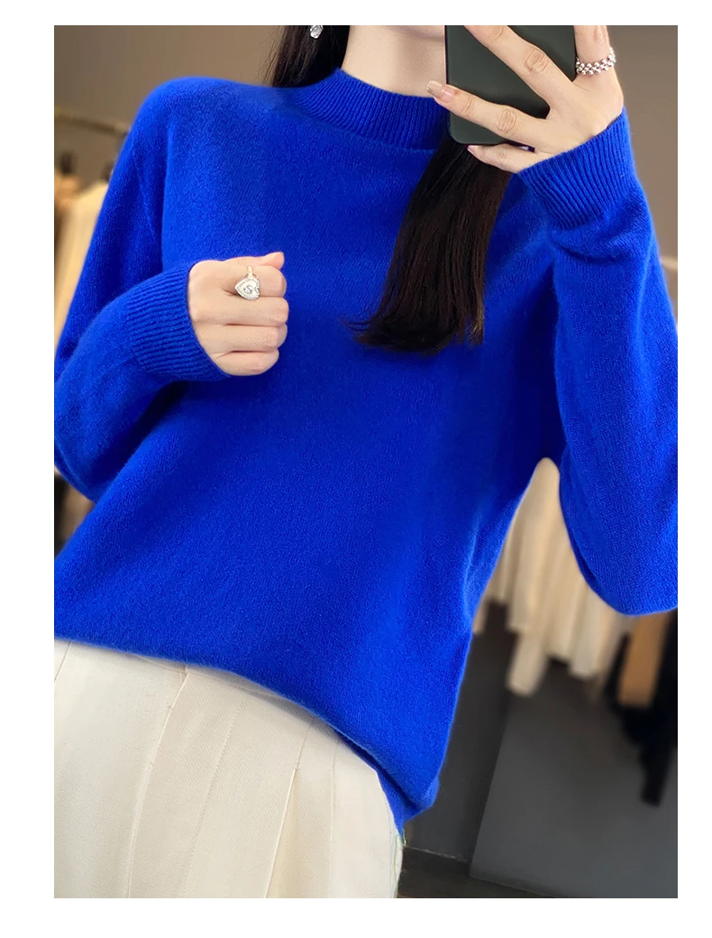 Autumn Winter 100% Merino Wool Sweater Women First Line Seamless Half-high Collar Pullover Basis Casual Cashmere Knit Solid Tops