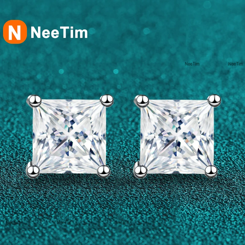 NeeTim 1ct 2ct Princess Cut Moissanite Earrings s925 Sterling Silver Plated with White Gold Plated Ear Studs for Women Jewelry