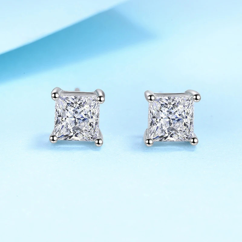 NeeTim 1ct 2ct Princess Cut Moissanite Earrings s925 Sterling Silver Plated with White Gold Plated Ear Studs for Women Jewelry