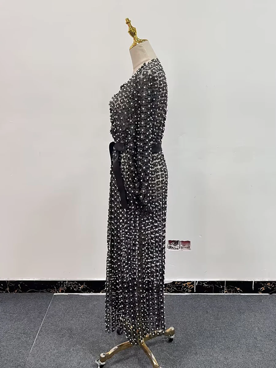 TWOTWINSTYLE Solid Patchwork Pearls Elegant Dresses For Women O Neck Long Sleeve Spliced Bowknot Midi Slimming Dress Female New