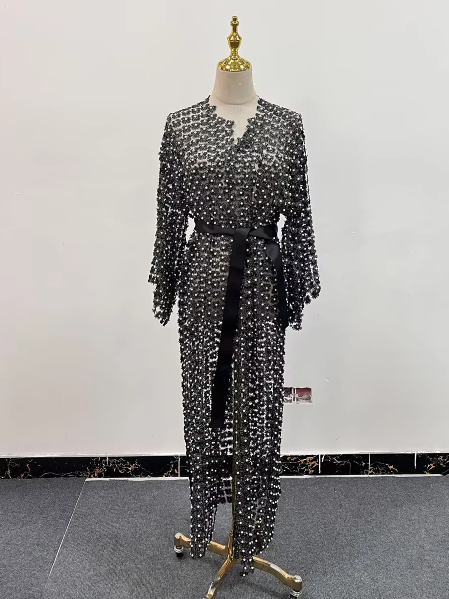 TWOTWINSTYLE Solid Patchwork Pearls Elegant Dresses For Women O Neck Long Sleeve Spliced Bowknot Midi Slimming Dress Female New