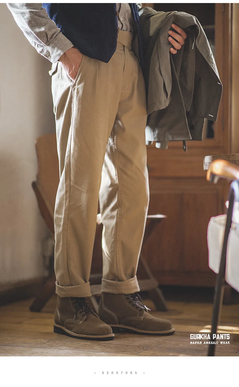 Maden Vintage Adjustable High Waist Gurkha Pants Khaki Casual Cargo Work Pants Classic Straight Trousers for Men's Spring Fall