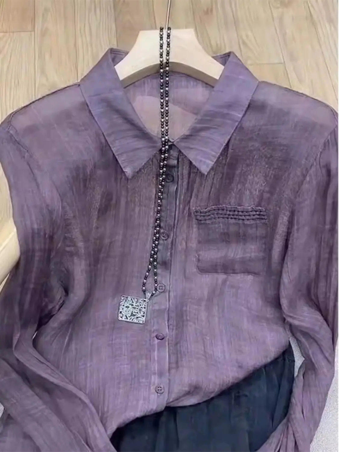 Unique and Chic Temperament Tencel Cotton Purple Long Sleeved Shirt Women's Ice Silk Top
