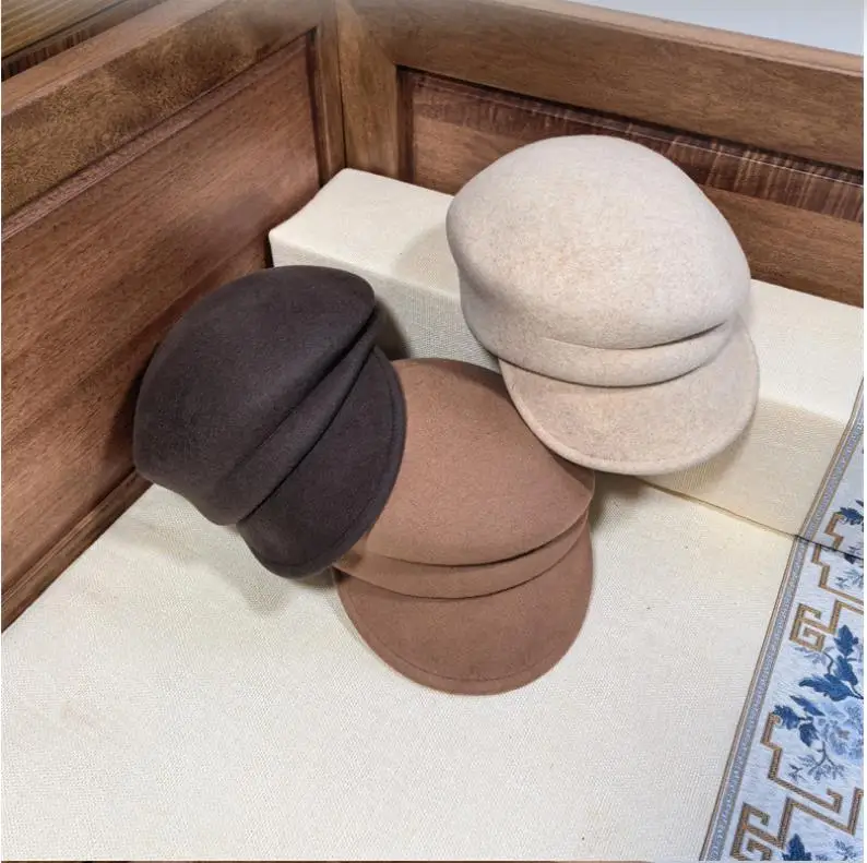 High-end Asymmetrical Woolen Newsboy Hat Women's autumn-winter Octagon Hat Painter Beret Hat Vintage Fez Hat M401