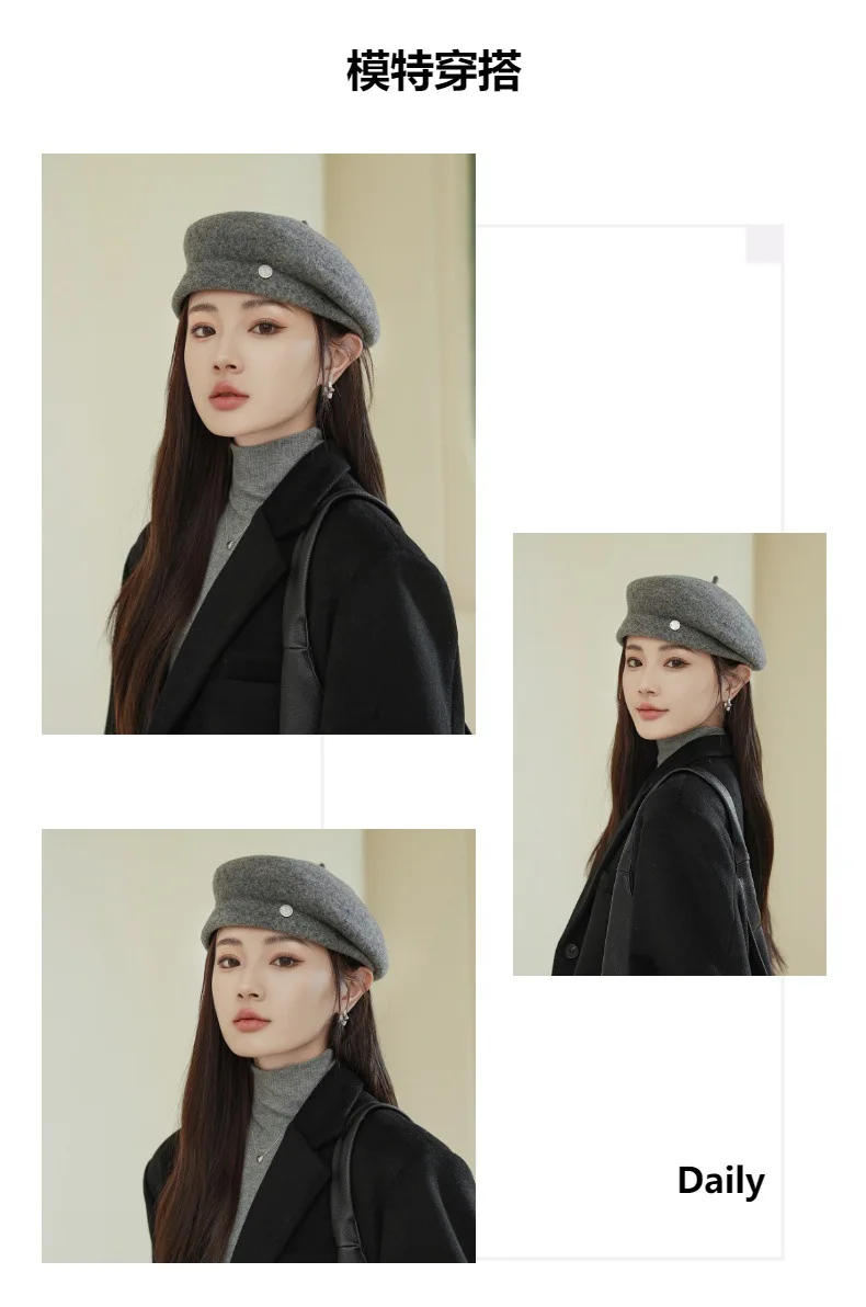 High-end Asymmetrical Woolen Newsboy Hat Women's autumn-winter Octagon Hat Painter Beret Hat Vintage Fez Hat M401