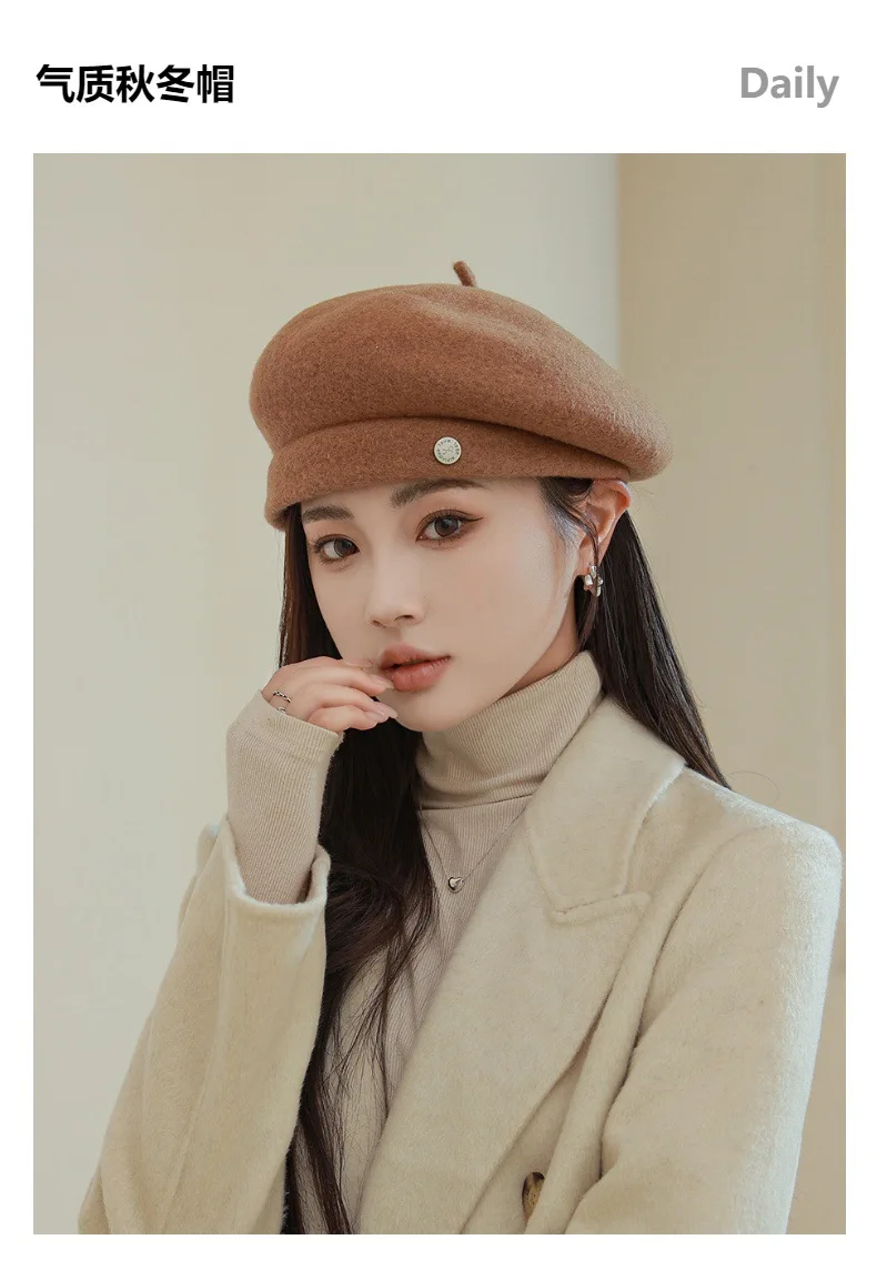 High-end Asymmetrical Woolen Newsboy Hat Women's autumn-winter Octagon Hat Painter Beret Hat Vintage Fez Hat M401