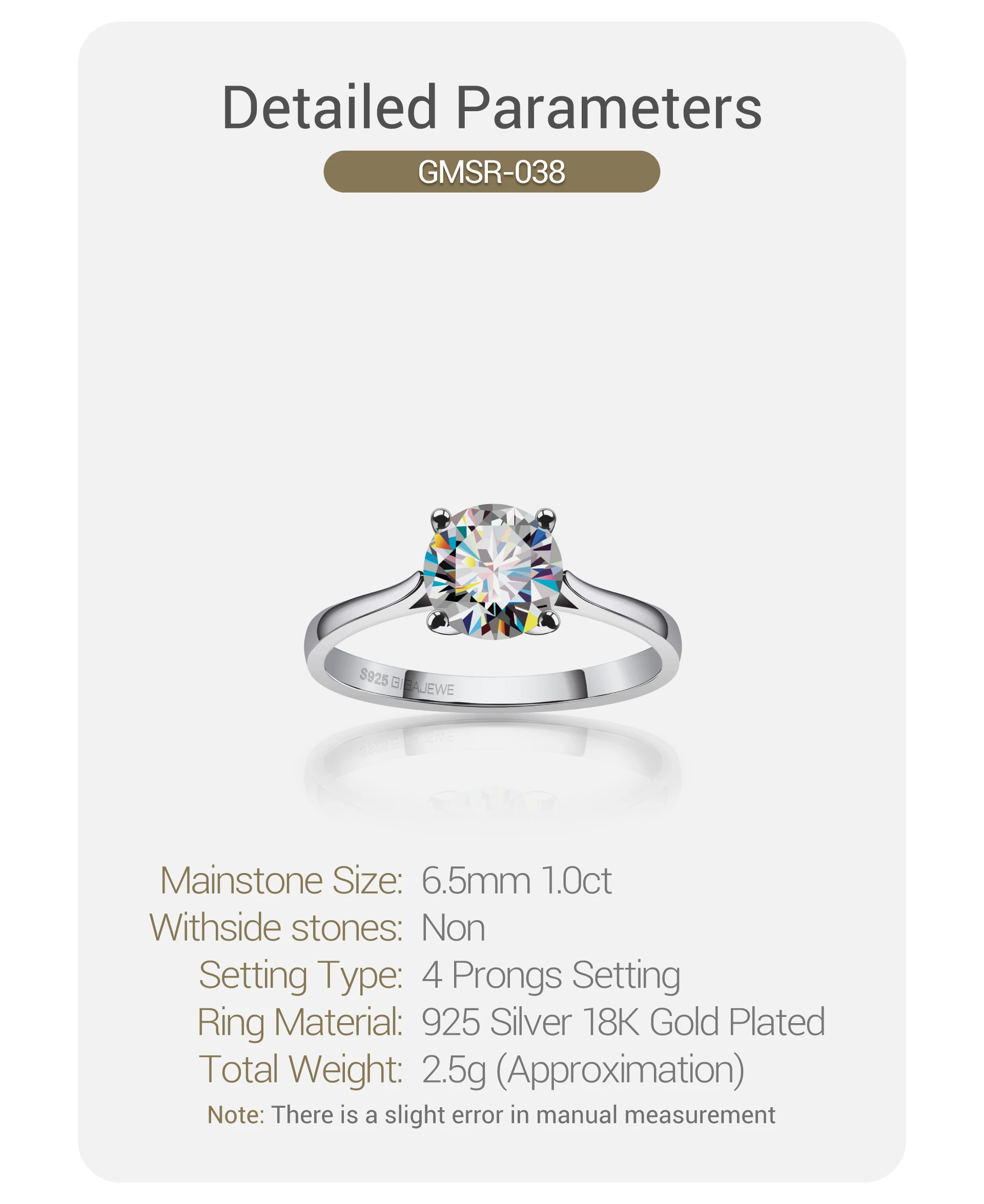 GIGAJEWE 1ct 6.5mm Round Cut D VVS1 Moissanite 925 Silver Ring Diamond Test Passed Fashion Claw Setting Girl Women Gift