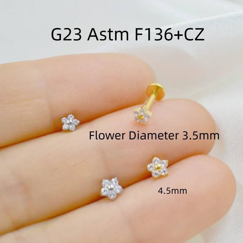 10pcs Body Jewelry 16Gx8mm G23 Titanium Flower CZ Lip Labret Bar Ear Helix Tragus Rook Barbells Stud Piercing Jewelry New