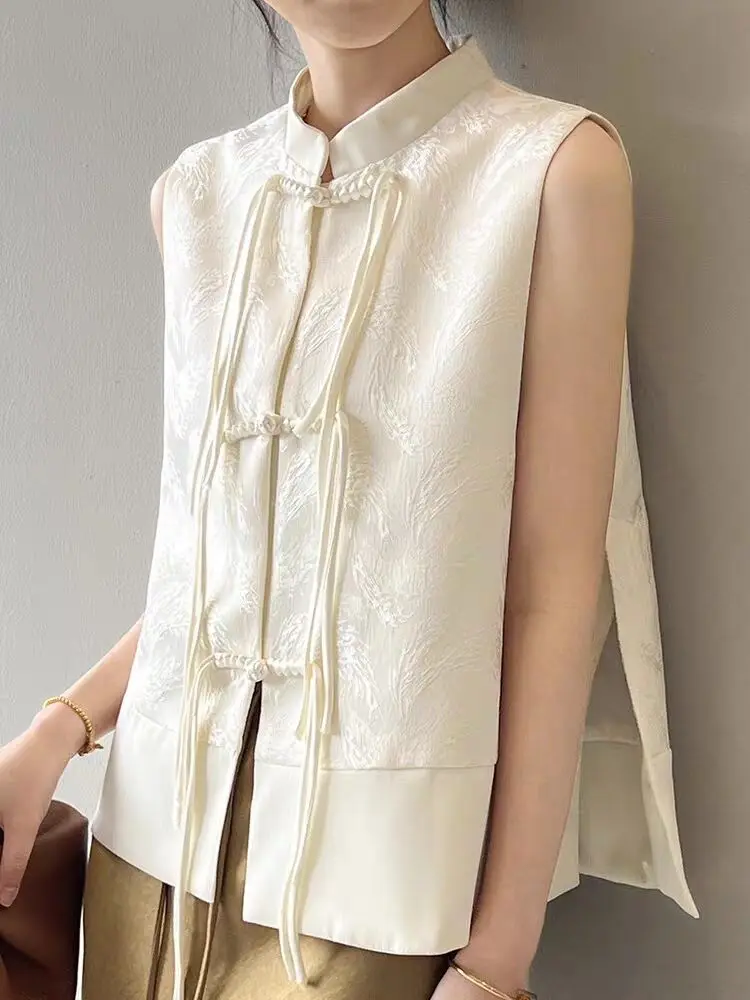 Chinese New Plate Button Vest Jacket 2025 Spring New Jacquard Stand Collar Sleeveless Waistcoat Retro Women Cheongsam Tops