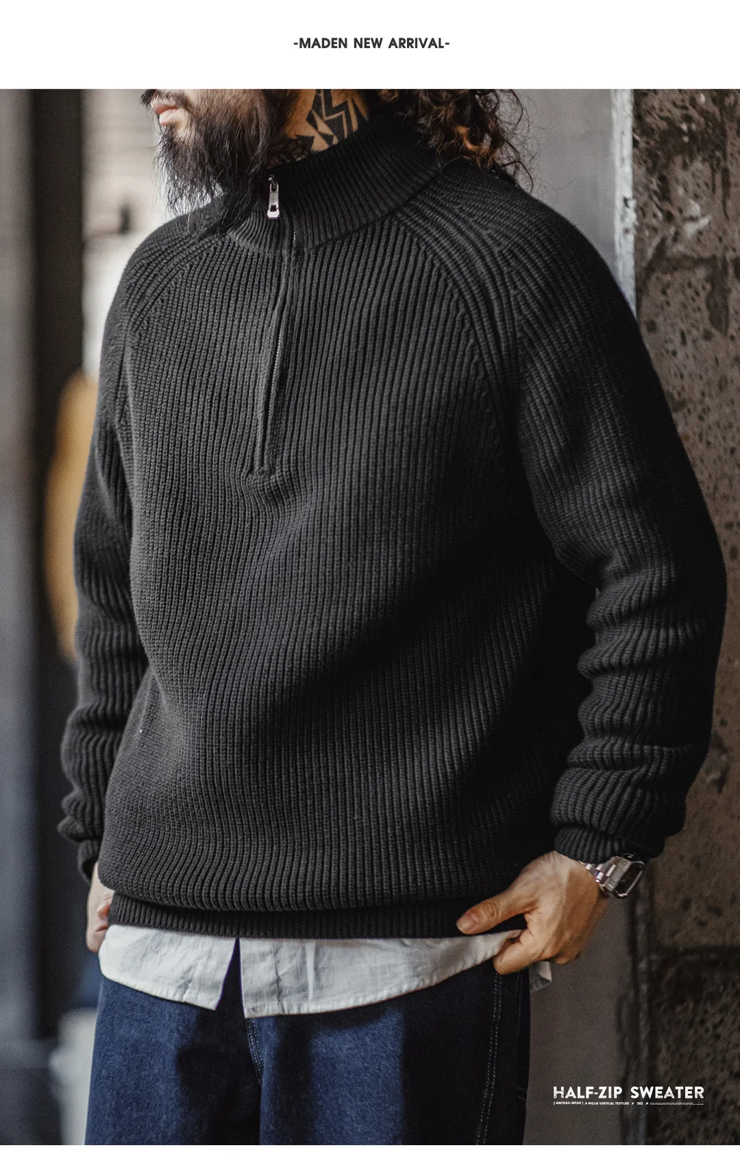 Maden Vintage Half-Zip Stand Collar Knitted Sweater Solid Color Warm Pullover for Men's Autumn and Winter Versatile Knitwear